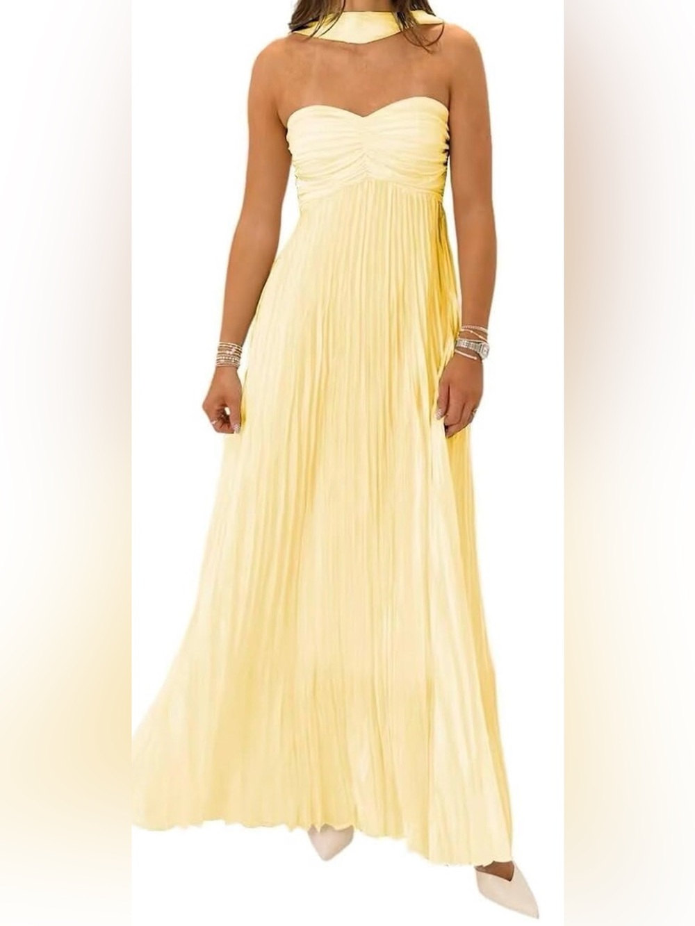 Butter Yellow Chiffon Pleated Maxi Dress